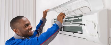 Happy Male Technician Checking Air Conditioner At Home
