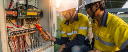 Workers use clamp meter to measure the current of electrical wires produced from solar energy for confirm to normal current