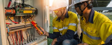 Workers use clamp meter to measure the current of electrical wires produced from solar energy for confirm to normal current