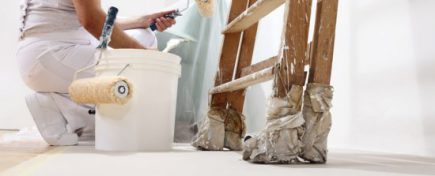painter man at work with a roller, bucket and ladder