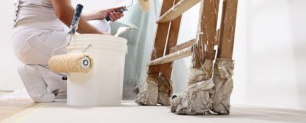 painter man at work with a roller, bucket and ladder