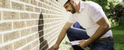 A man with a white hard hat holding a clipboard, inspect house