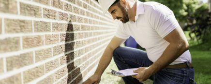 A man with a white hard hat holding a clipboard, inspect house