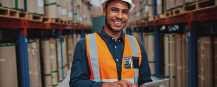 Logistics manager, dressed in protective wear, smiling in a warehouse after Logistics Management Training