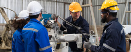 Apprentice millwrights with an experienced construction millwright on a job site after welder college